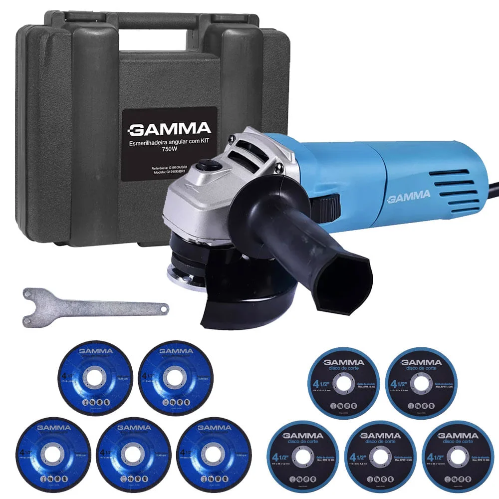 Esmerilhadeira Angular 4.1/2 Pol 750 Watts com Maleta G1910K Gamma Ferramentas