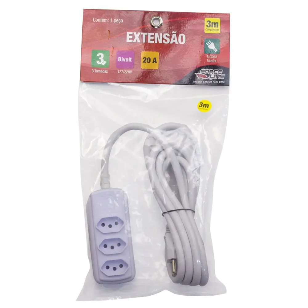 Extensão 3 Tomadas Tripolar 20A 3m Branco Force Line Bivolt