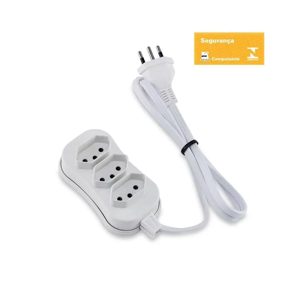 Extensão 3 Tomadas Tripolar Slim 1m Branco Force Line Bivolt