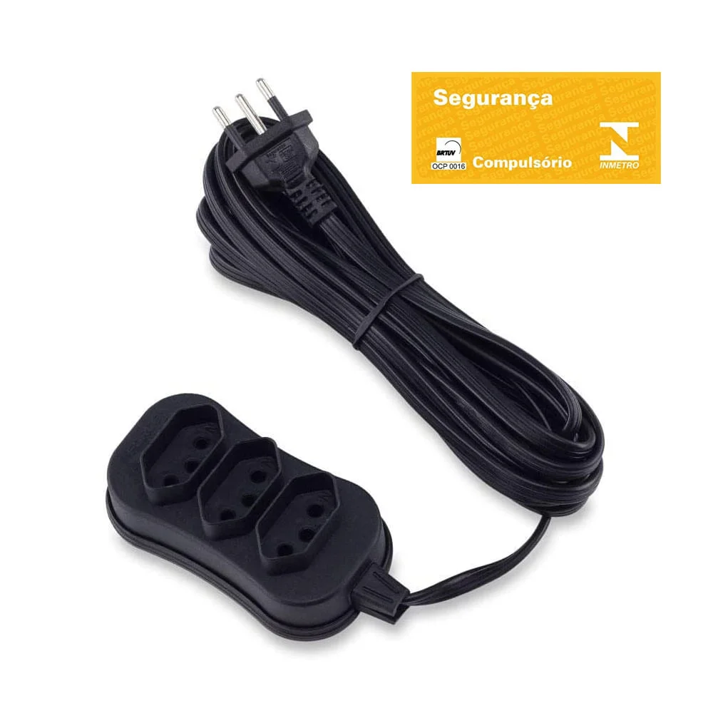 Extensão 3 Tomadas Tripolar Slim 5m Preto Force Line Bivolt
