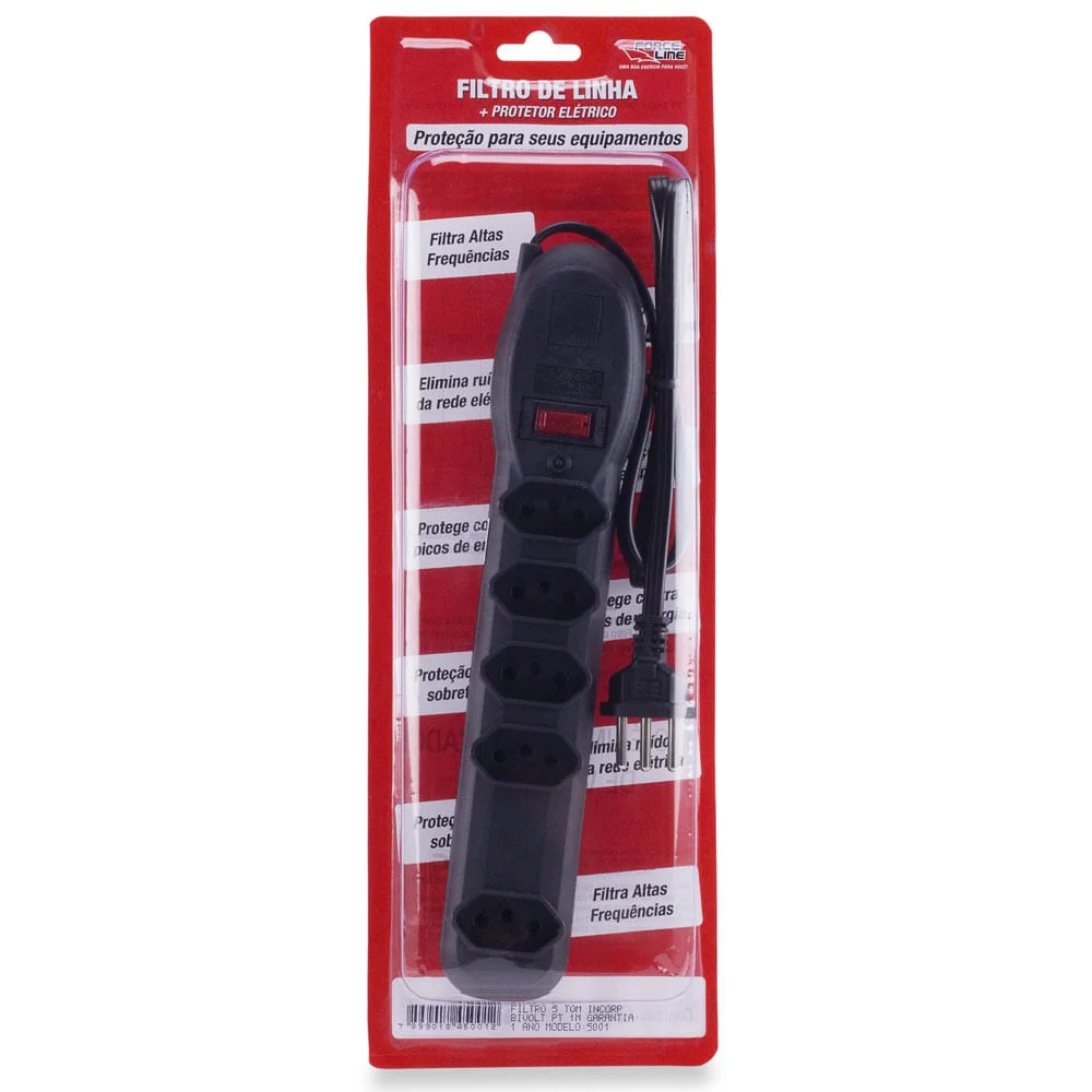Filtro de Linha 5 Tomadas 80cm Preto 5001 Force Line Bivolt