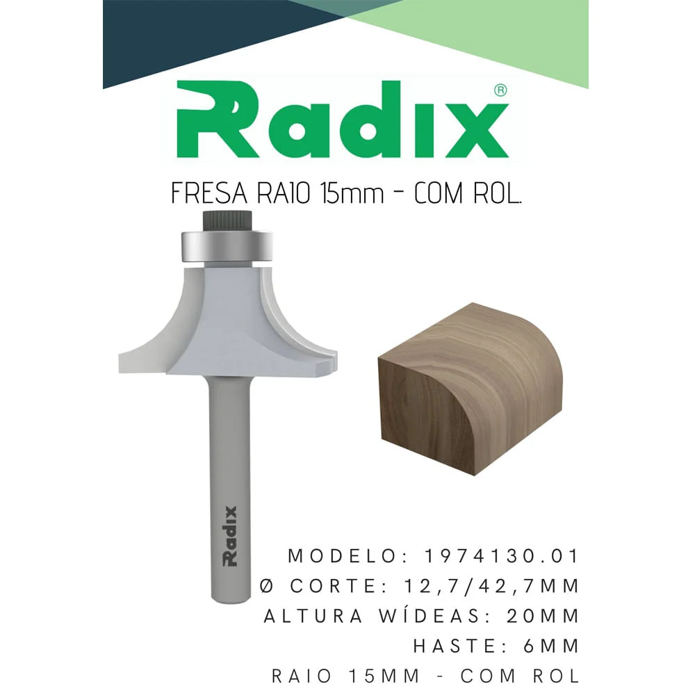 Fresa Canto Arredonadado para Tupia Raio 15mm 1974130.01 Radix