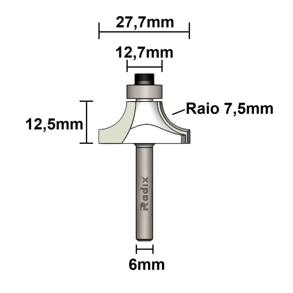 Fresa Canto Arredondado para Tupia Raio 7.5mm 1974107.01 Radix