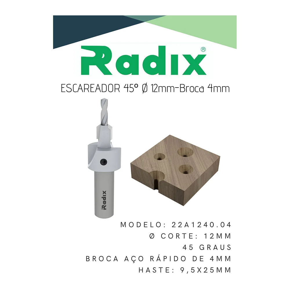 Fresa Escareadora 45º para Madeira com Broca 12mm 22A1240.04 Radix