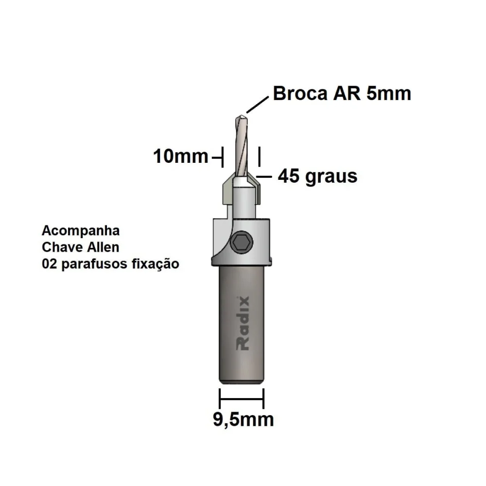 Fresa Escareadores 45º com Broca 5mm para Madeira 22A1050.04 Radix