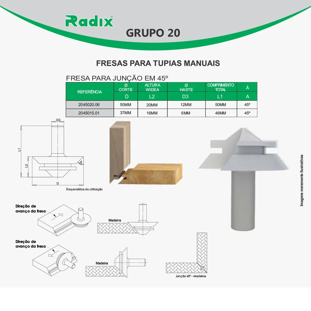 Fresa para Junção 45 Graus Haste 6mm 2045015.01 Radix