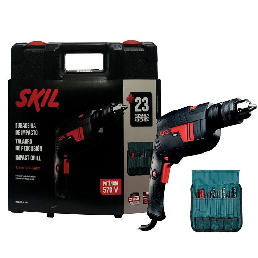 Furadeira de Impacto 1/2 Pol 570 Watts 6555 e Maleta com 23 Acessórios Skil