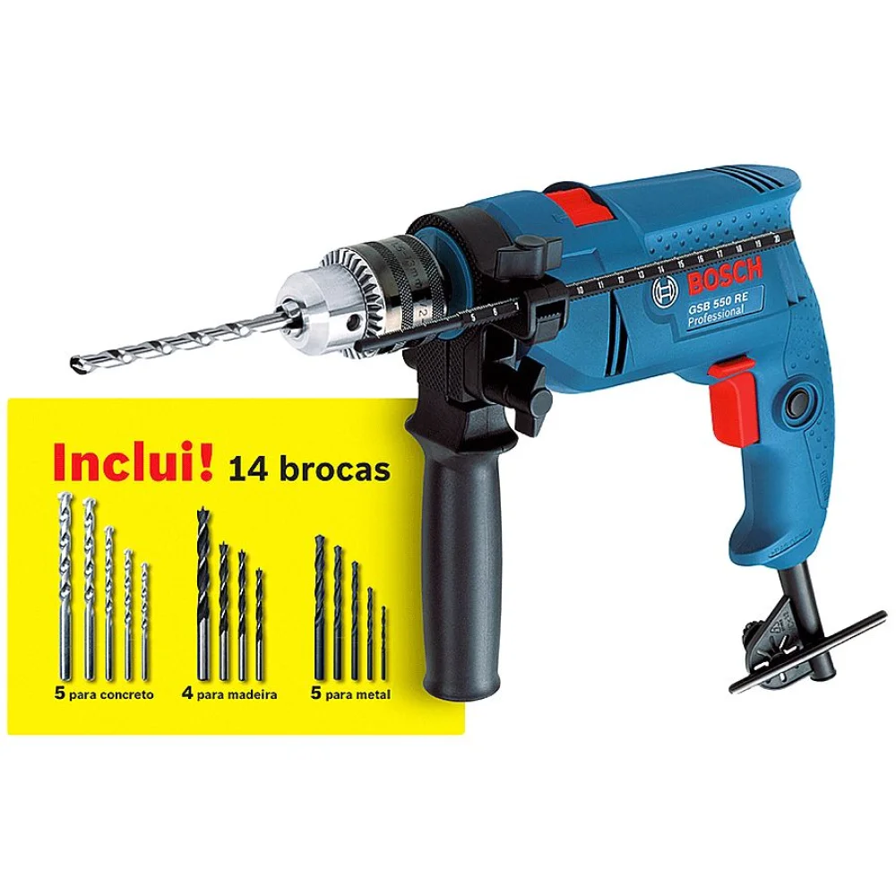 Furadeira de Impacto 13mm 550W e 1 Kit de Brocas GSB 550 RE Bosch