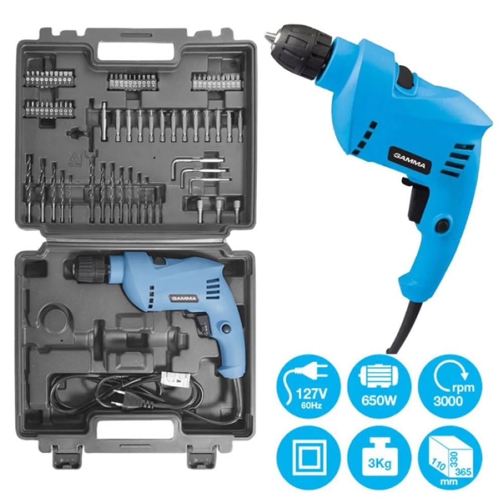 Furadeira de Impacto 3/8 Pol 650 Watts e 73 Acessórios Gamma Ferramentas