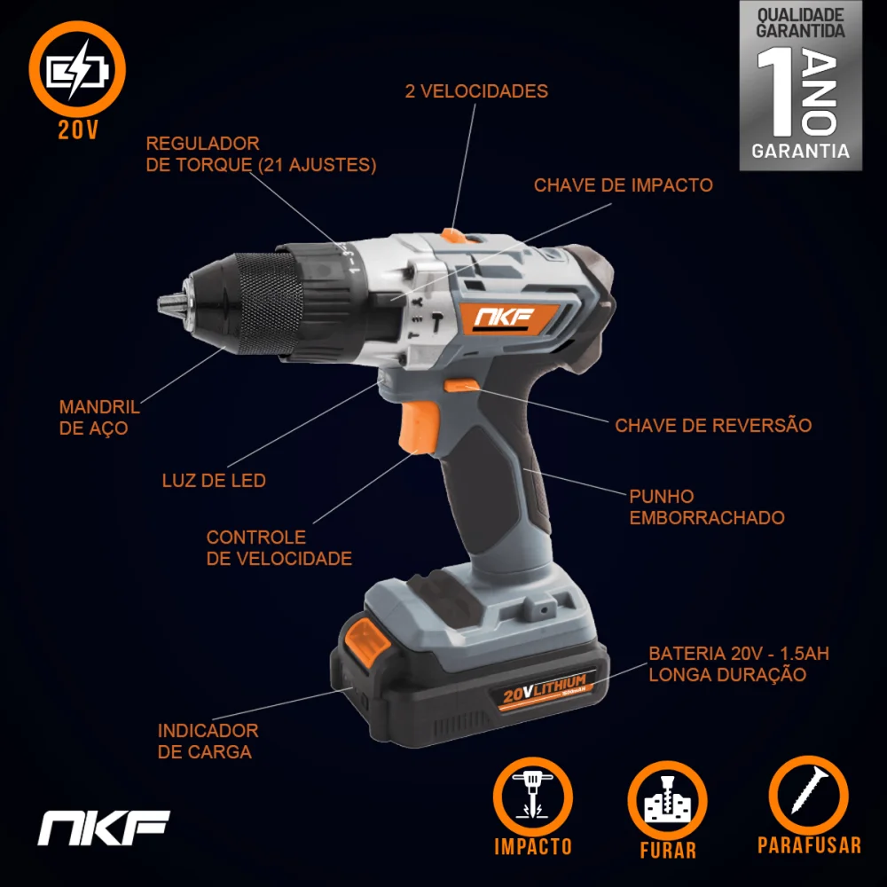 Furadeira de Impacto e Parafusadeira à Bateria com 2 Baterias FP20X2 NKF