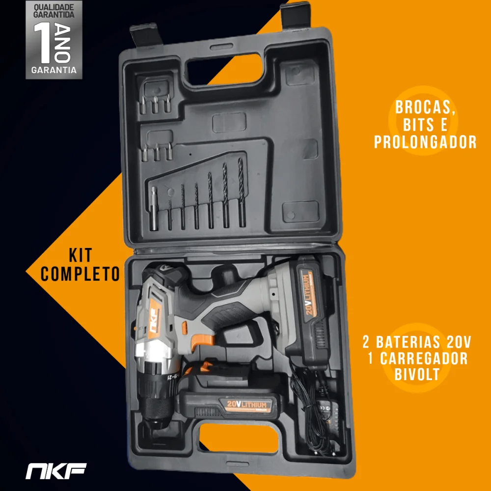 Furadeira de Impacto e Parafusadeira à Bateria com 2 Baterias FP20X2 NKF