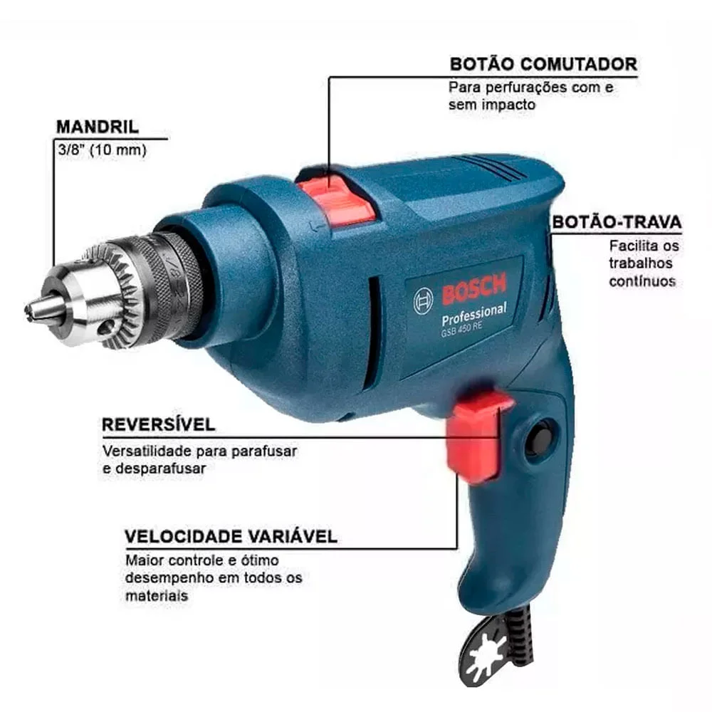 Furadeira de Impacto GSB 450 RE Profissional 450 Watts Bosch
