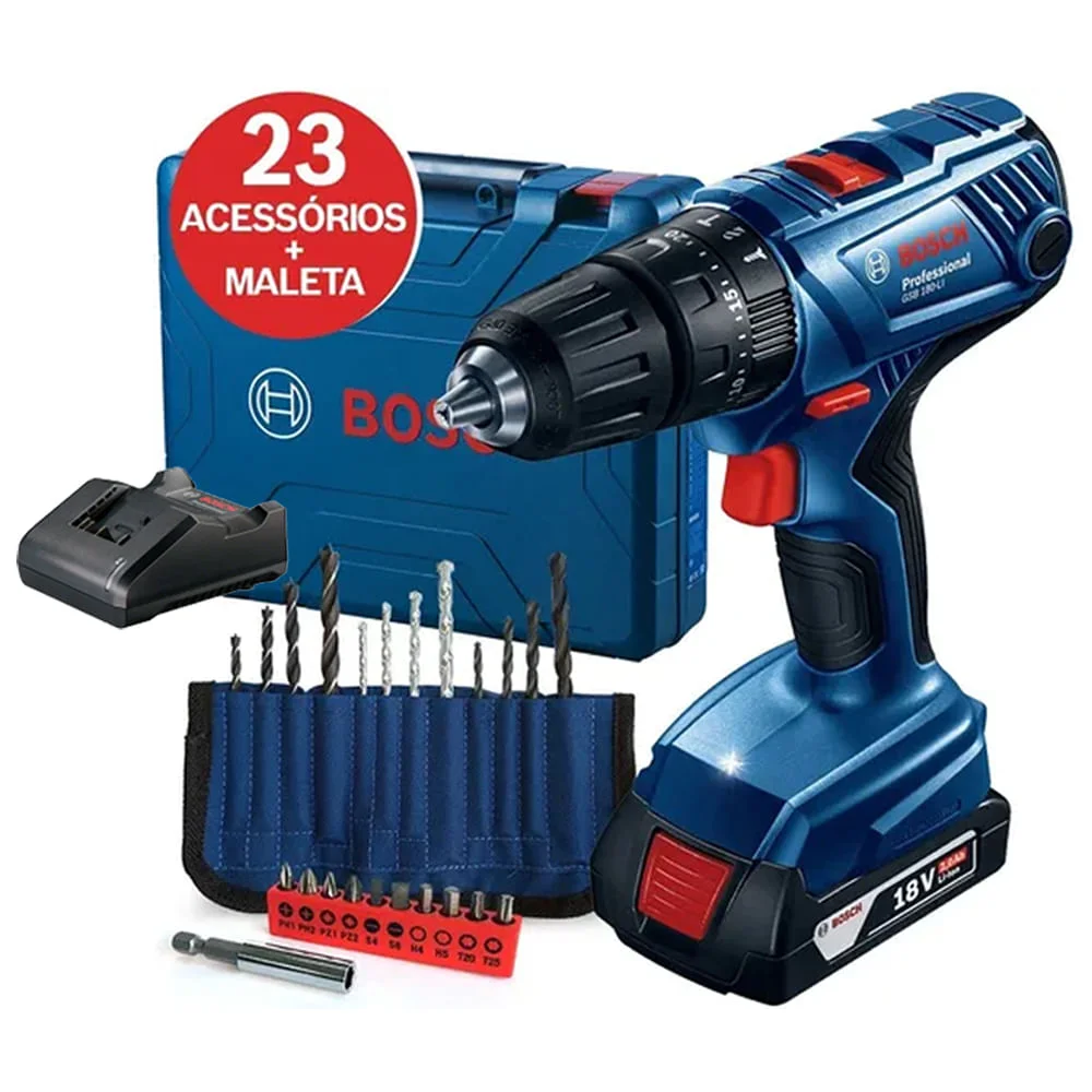 Furadeira e Parafusadeira de Impacto GSB 180-LI e 1 Bateria Kit Acessórios Bosch
