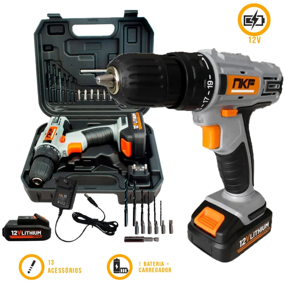 Furadeira Parafusadeira à Bateria 12V com Maleta e 13 Acessórios FP12X NKF