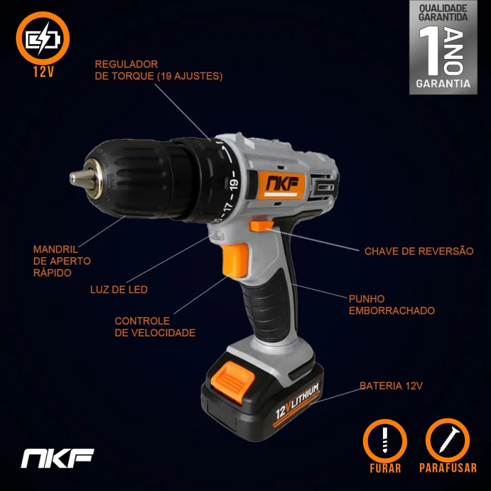 Furadeira Parafusadeira à Bateria 12V com Maleta e 13 Acessórios FP12X NKF