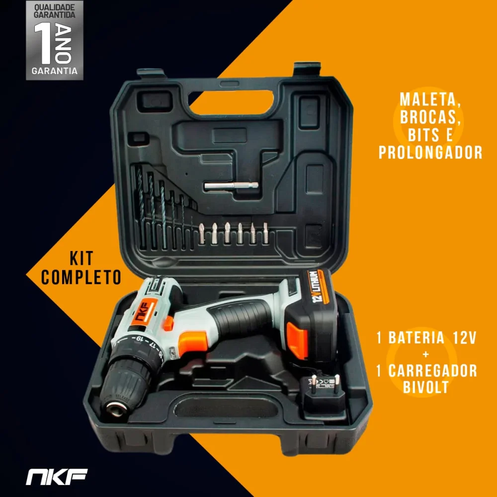 Furadeira Parafusadeira à Bateria 12V com Maleta e 13 Acessórios FP12X NKF