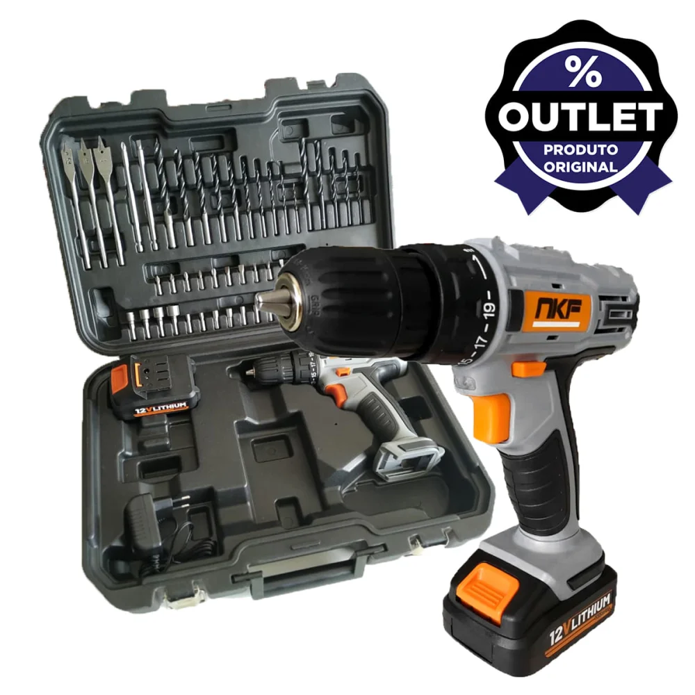 Furadeira Parafusadeira à Bateria 12V com Maleta e 50 Acessórios FP12X50 NKF Outlet