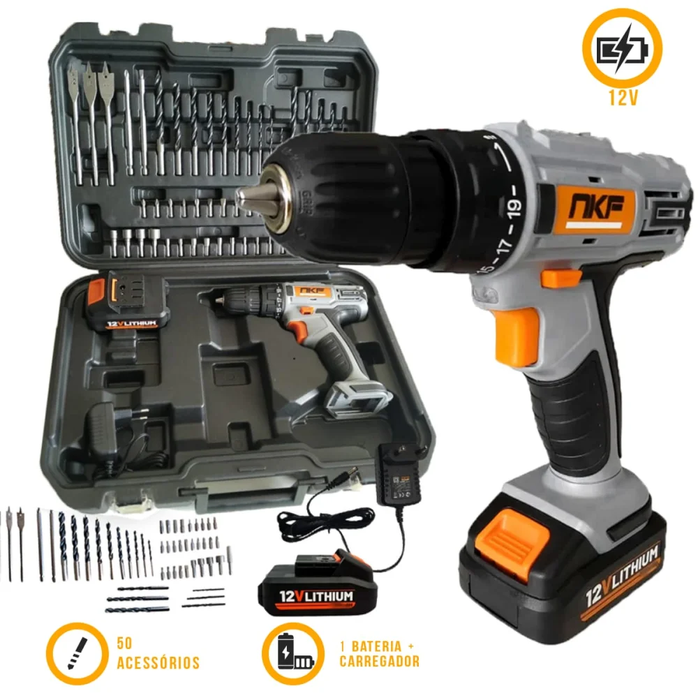 Furadeira Parafusadeira à Bateria 12V com Maleta e 50 Acessórios FP12X50 NKF