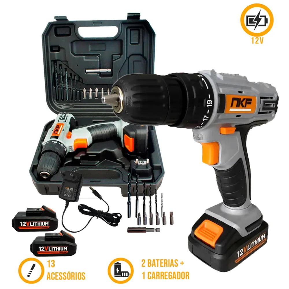 Furadeira Parafusadeira Maleta 13 Acessórios e 2 Baterias 12V FP12X2 NKF
