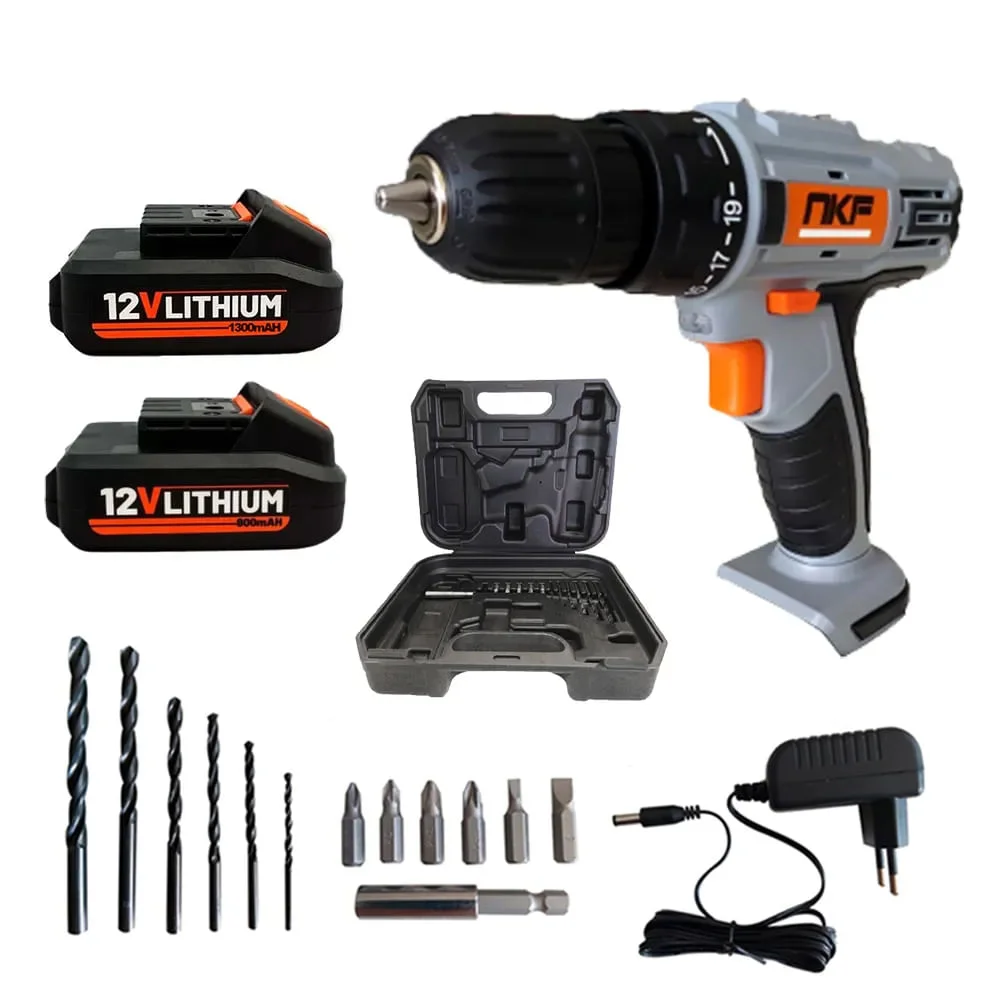 Furadeira Parafusadeira Maleta 13 Acessórios e 2 Baterias 12V FP12X2 NKF