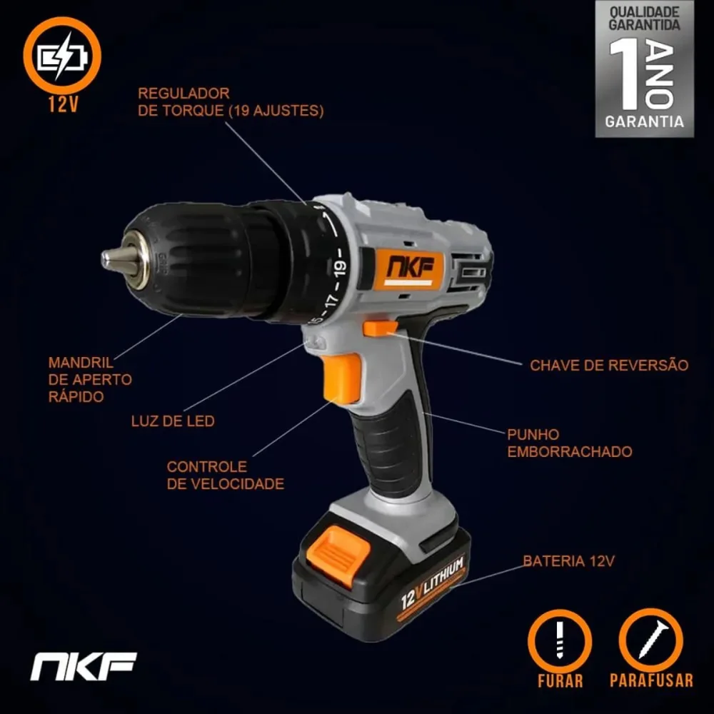 Furadeira Parafusadeira Maleta 13 Acessórios e 2 Baterias 12V FP12X2 NKF