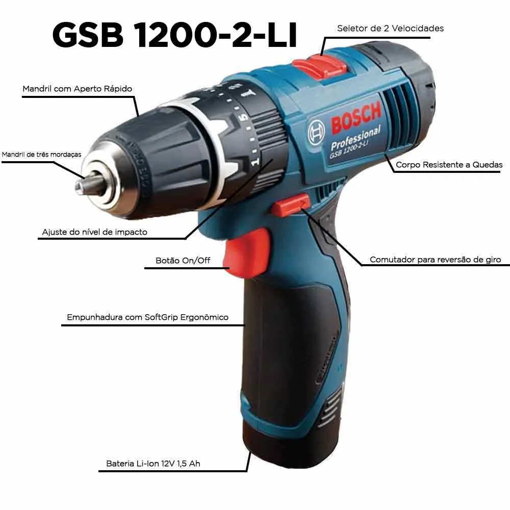Furadeira/Parafusadeira de Impacto GSB 1200-2-Li e Parafusadeira GDR 120-Li Bosch