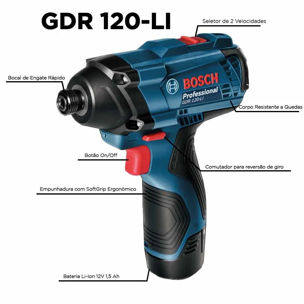 Furadeira/Parafusadeira de Impacto GSB 1200-2-Li e Parafusadeira GDR 120-Li Bosch
