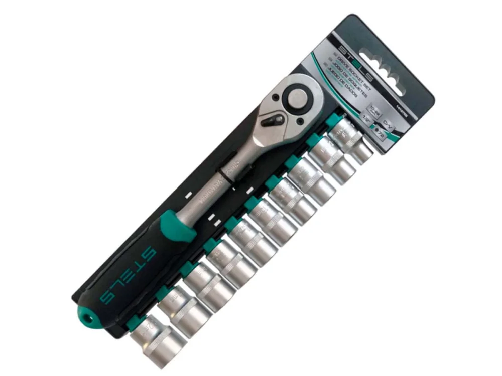 Jogo de Chave Catraca de 1/2 e Soquetes de 10 à 22mm CRV 1412755 Stels 11 Peç