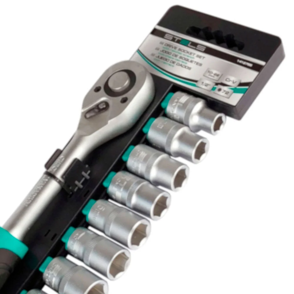 Jogo de Chave Catraca de 1/2 e Soquetes de 10 à 22mm CRV 1412755 Stels 11 Peç