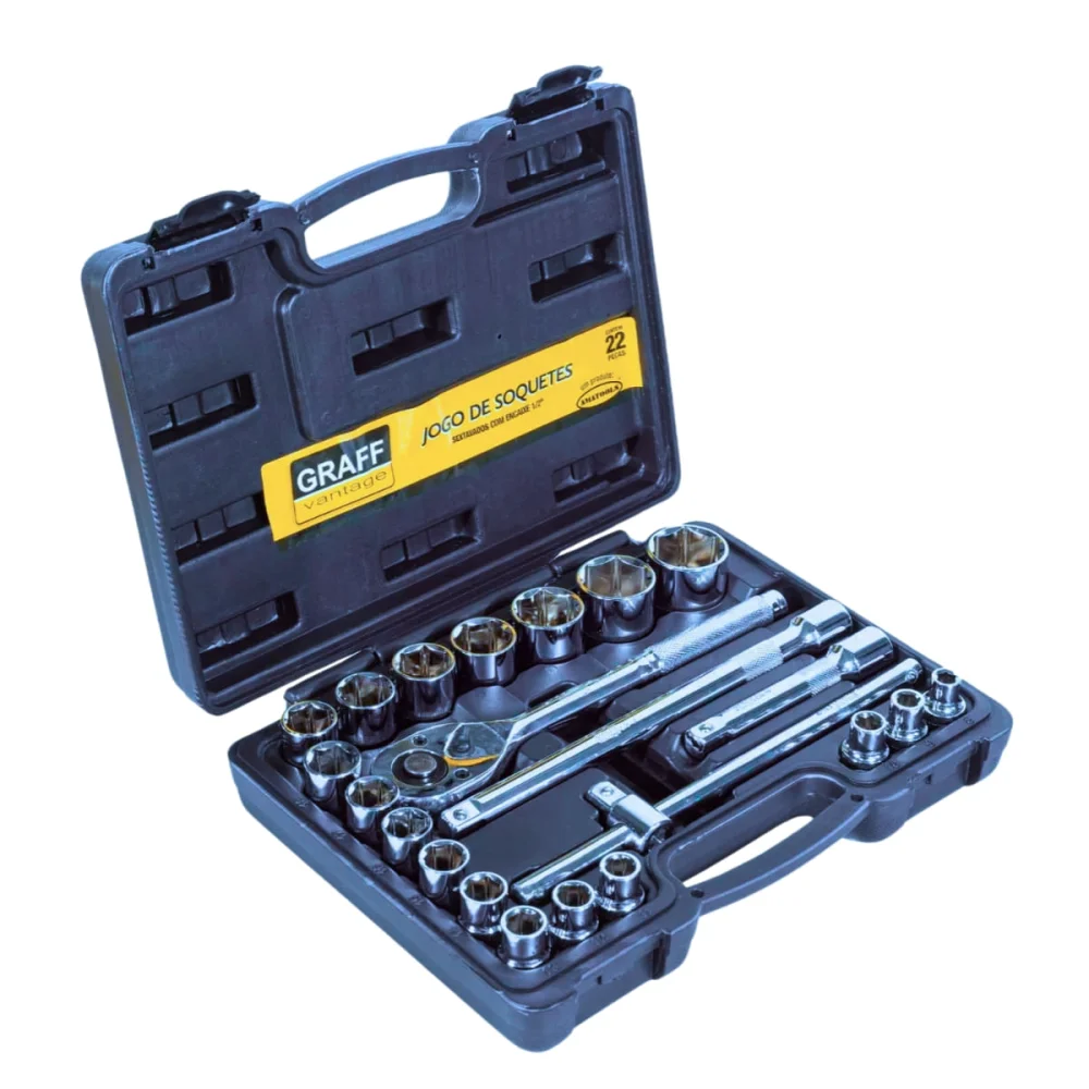 Jogo de Soquete Estriado e Acessórios 1/2 Pol 22 Peç Graff Vantage