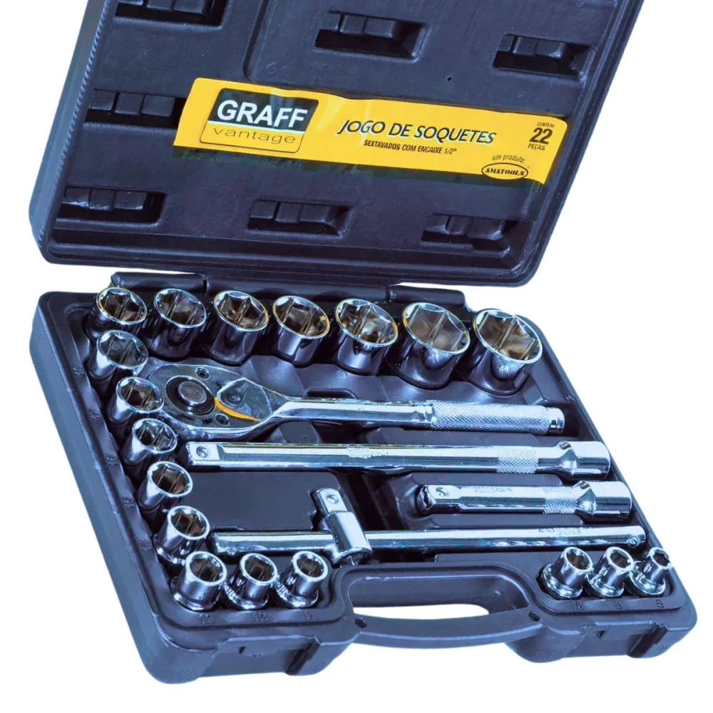 Jogo de Soquete Estriado e Acessórios 1/2 Pol 22 Peç Graff Vantage