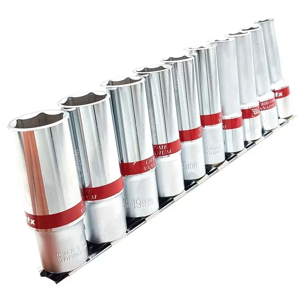 Jogo de Soquetes Longo Sextavado 10 à 22mm CRV Encaixe 1/2 135909 MTX 10 Peç
