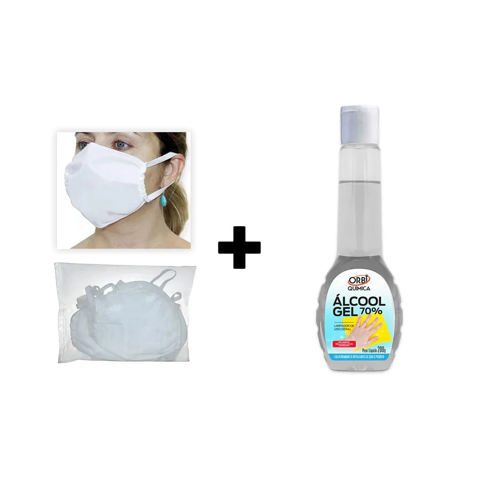 Kit 1 Álcool Gel 70° Antisséptico 200G e 10 Unid de Máscaras Descartáveis em TNT