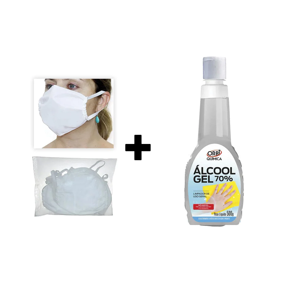 Kit 1 Álcool Gel 70° Antisséptico 500G e 50 Unid de Máscaras Descartáveis em TNT