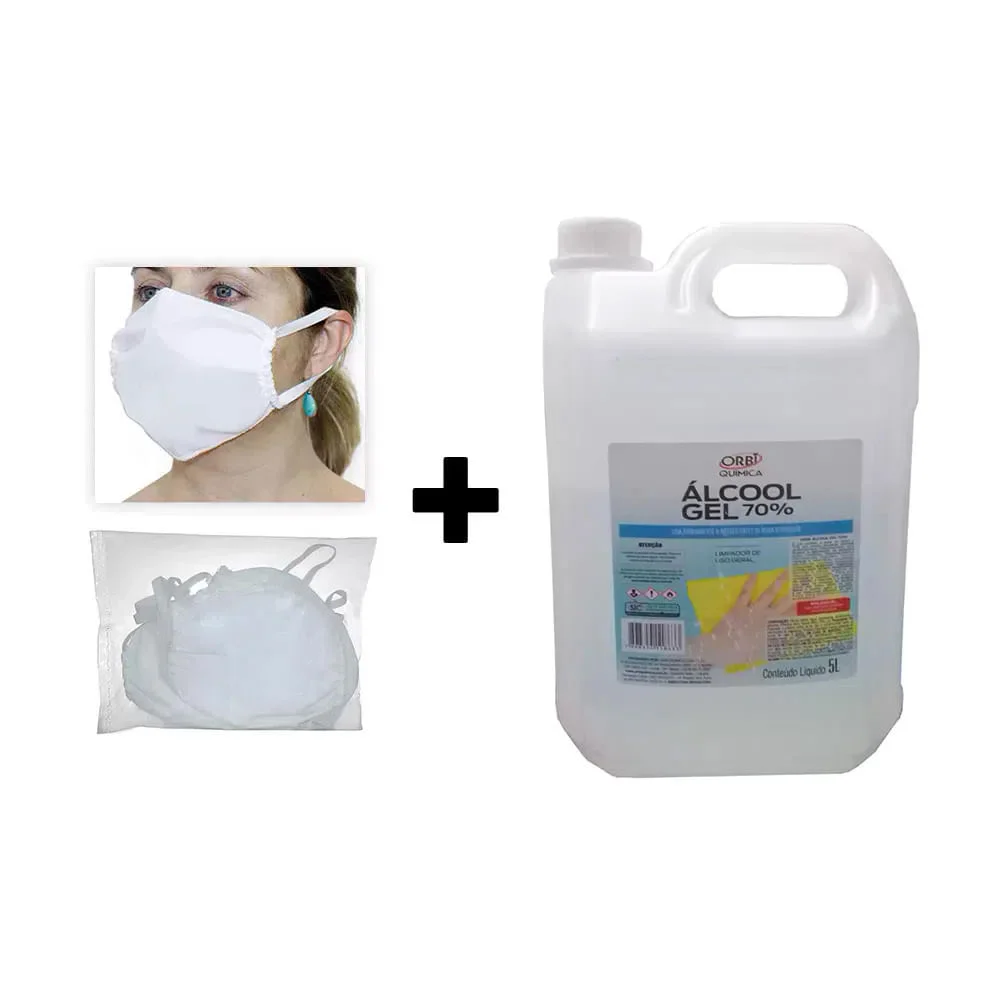 Kit 1 Álcool Gel 70° Antisséptico 5L e 50 Unid de Máscaras Descartáveis em TNT