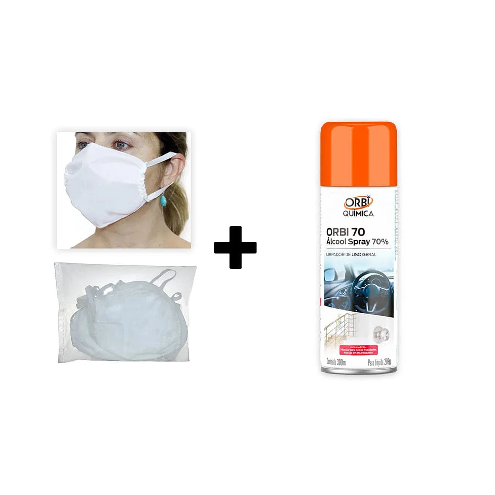 Kit 1 Álcool Spray 70° Antisséptico 209G e 25 Un.de Máscaras Descartáveis em TNT