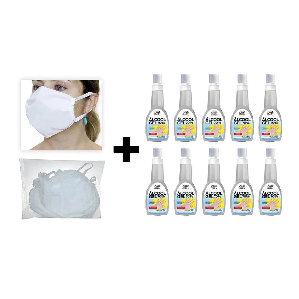 Kit 10 Álcool Gel 70° Antisséptico 500G e 50 Un de Máscaras Descartáveis em TNT