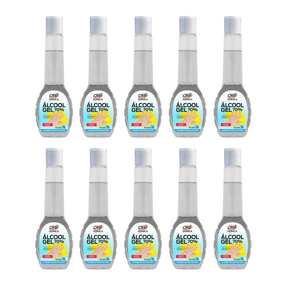 Kit 10 Álcool Gel 70° Antisséptico e Higienizador de Mãos 200G Orbi