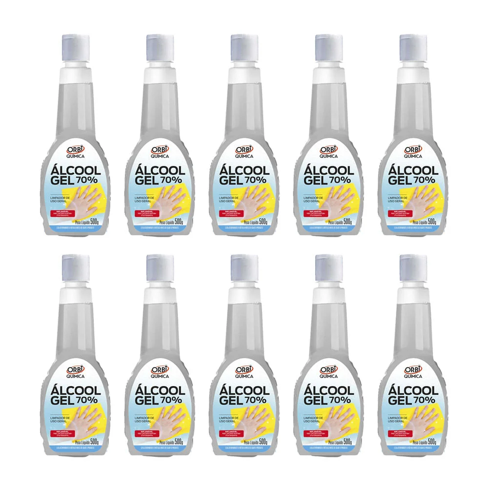 Kit 10 Álcool Gel 70° Antisséptico e Higienizador de Mãos 500G Orbi
