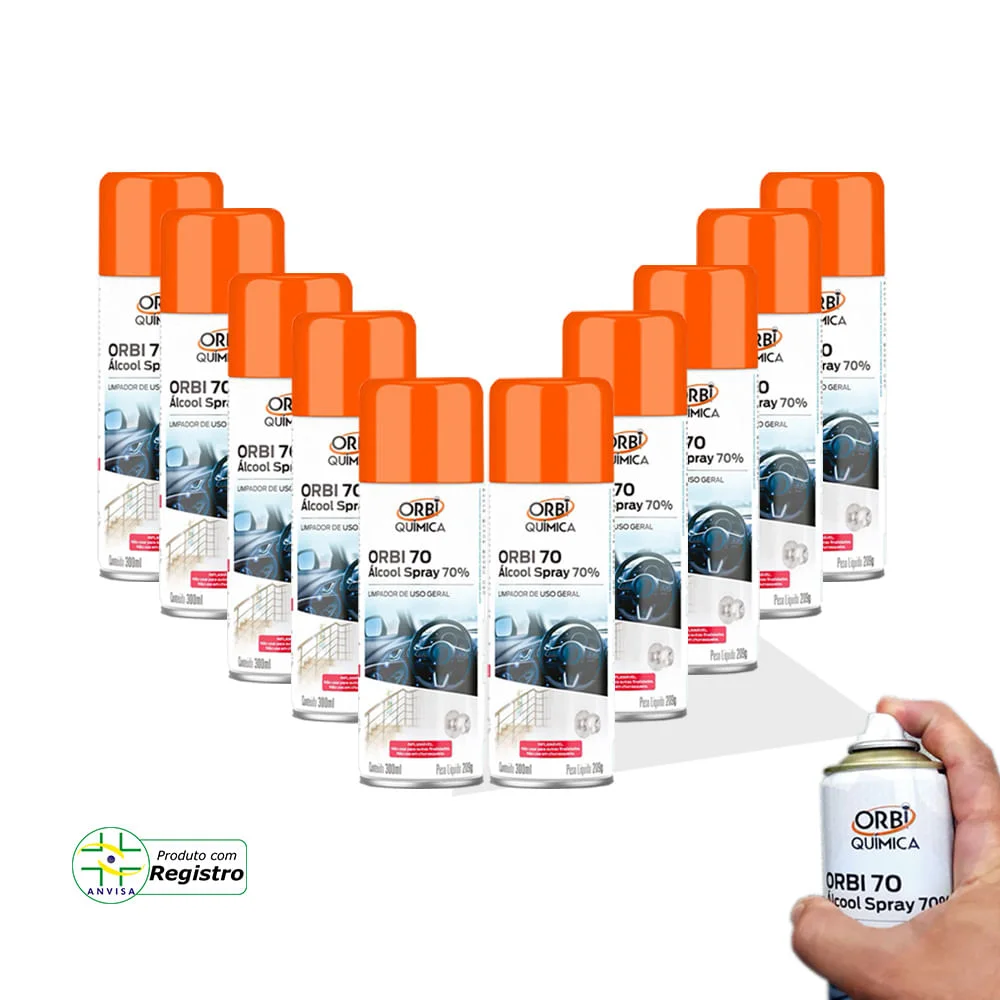 Kit 10 Álcool Spray 70° Antisséptico e Higienizador 300ML 209G Orbi
