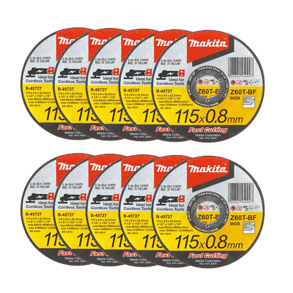 Kit 10 Discos de Corte Abrasivo Fast Cutting 115x0.8x2223mm B-45727-25 Makita