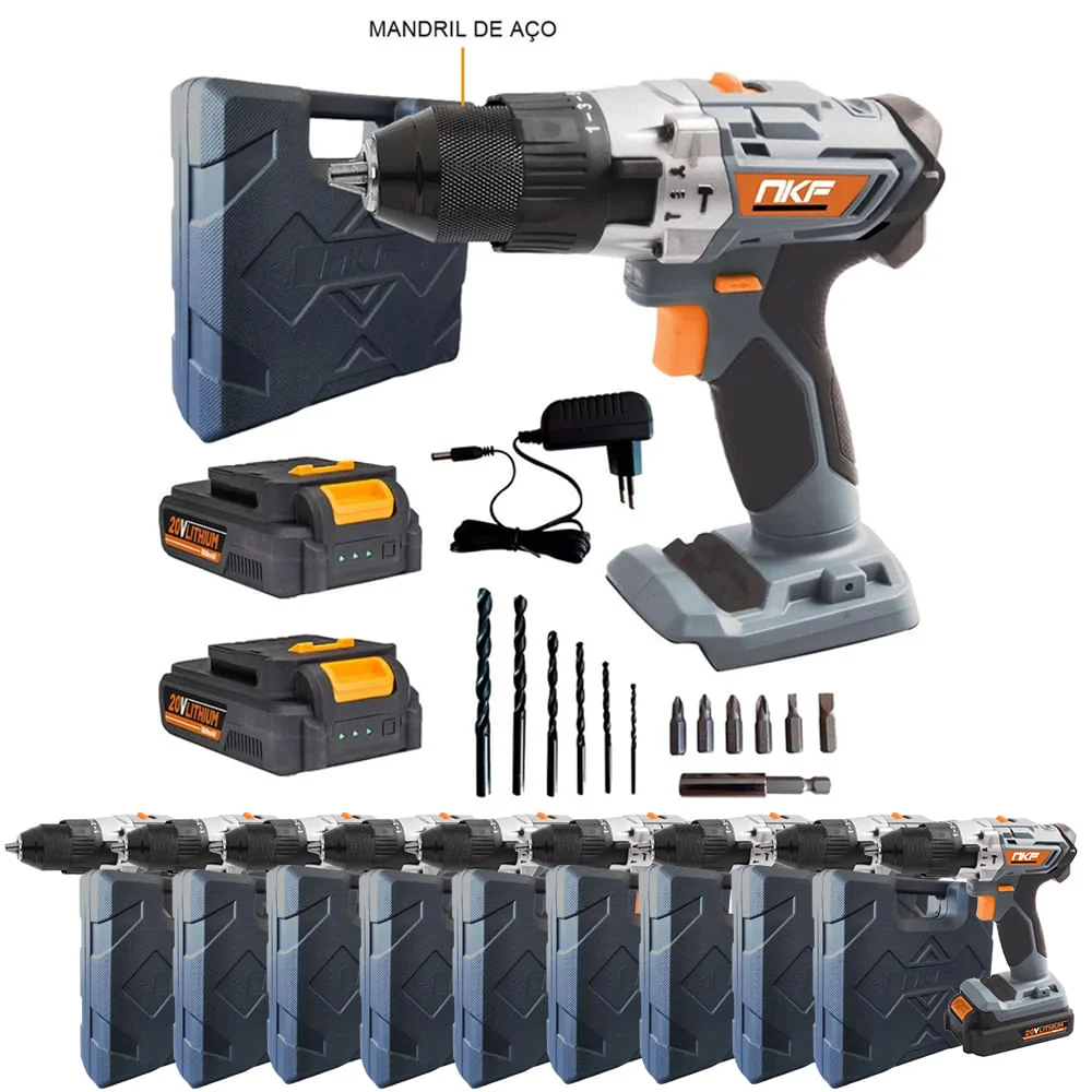 Kit 10 Furadeira de Impacto e Parafusadeira à Bateria com 20 Baterias FP20X2 NKF
