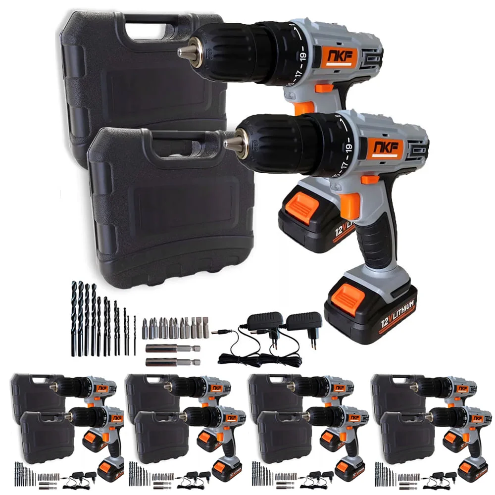 Kit 10 Furadeira Parafusadeira à Bateria 12V com Maletas e Acessórios FP12X NKF