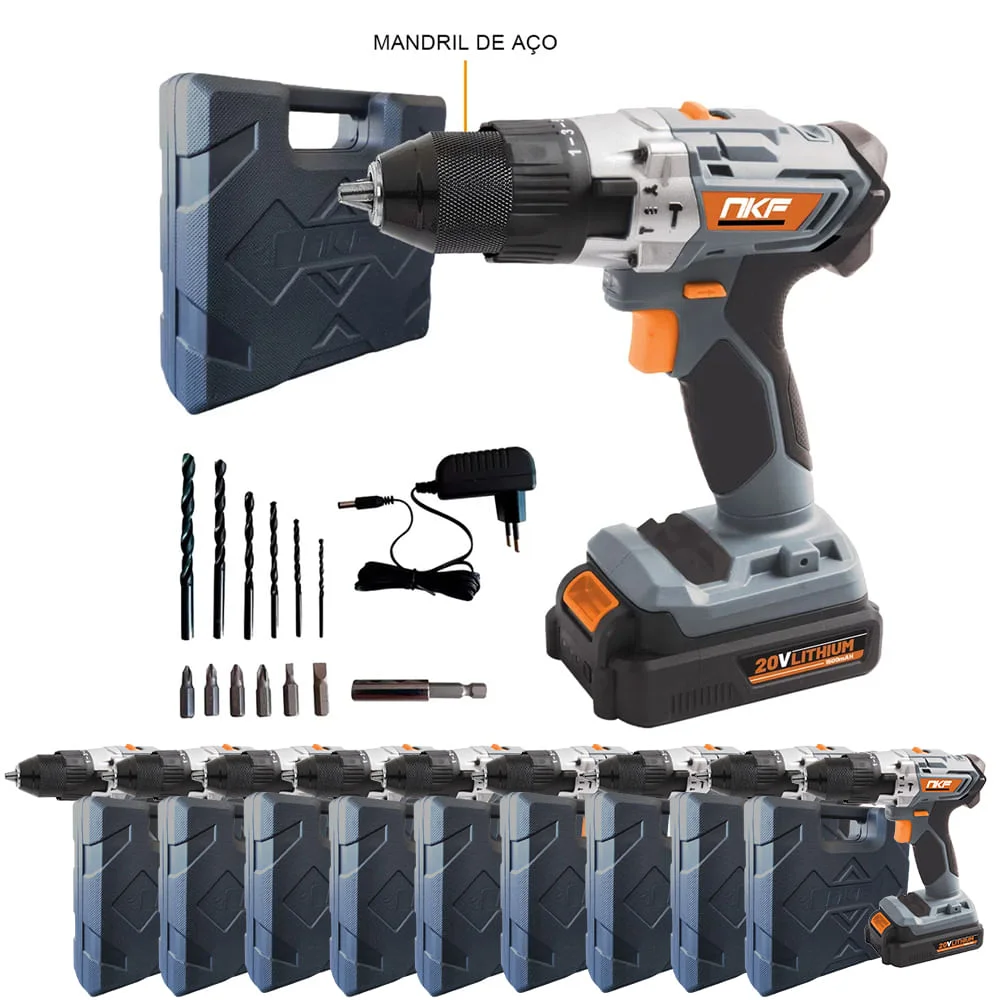 Kit 10 Parafusadeira e Furadeira de Impacto à Bateria com 10 Baterias 20V FP20X NKF
