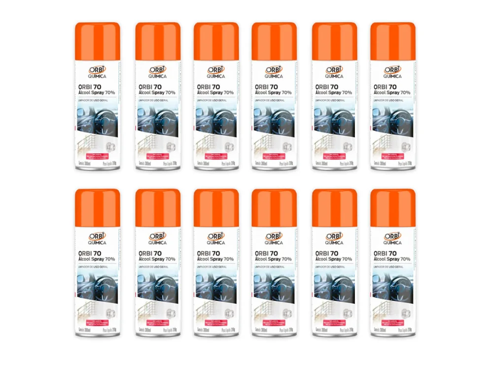 Kit 12 Àlcool Spray 70° Antisséptico e Higienizador 300ML 209G Orbi