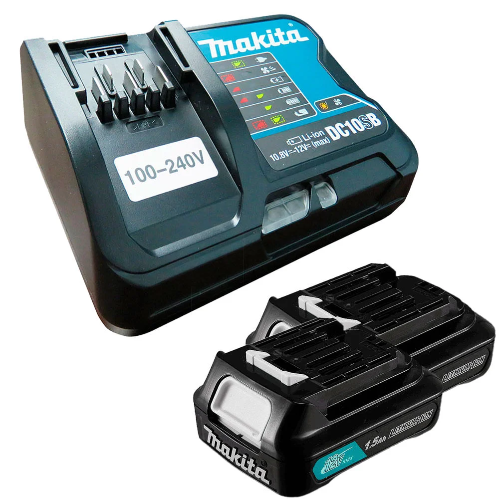 Kit 2 Baterias Íons Lítio 12V 1.5Ah BL1016 Makita e Carregador de Bateria DC10SB