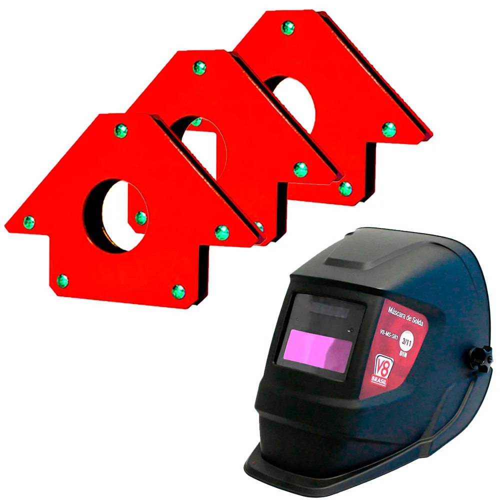 Kit 2 Esquadros Magnéticos 35Kg NKF e Máscara para Solda Automática SR1