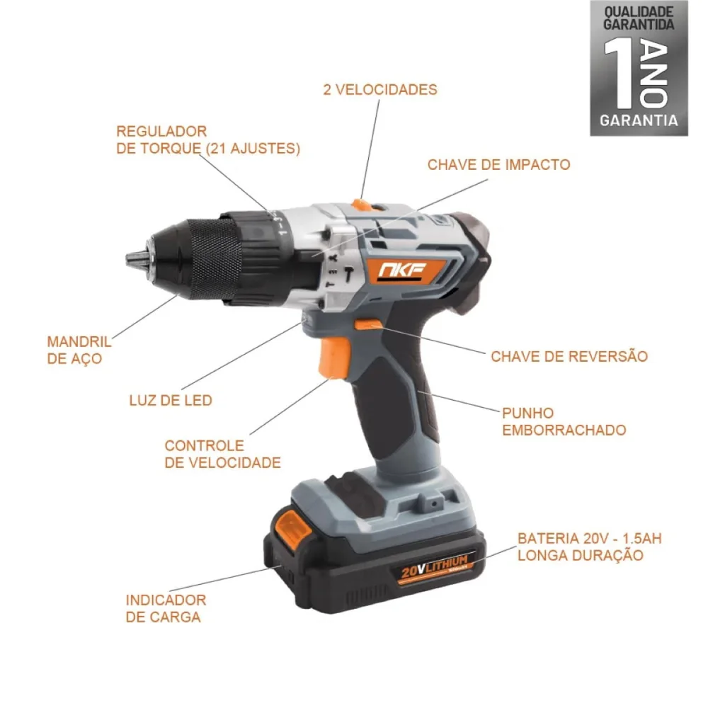 Kit 2 Furadeira de Impacto e Parafusadeira à Bateria com 4 Baterias FP20X2 NKF