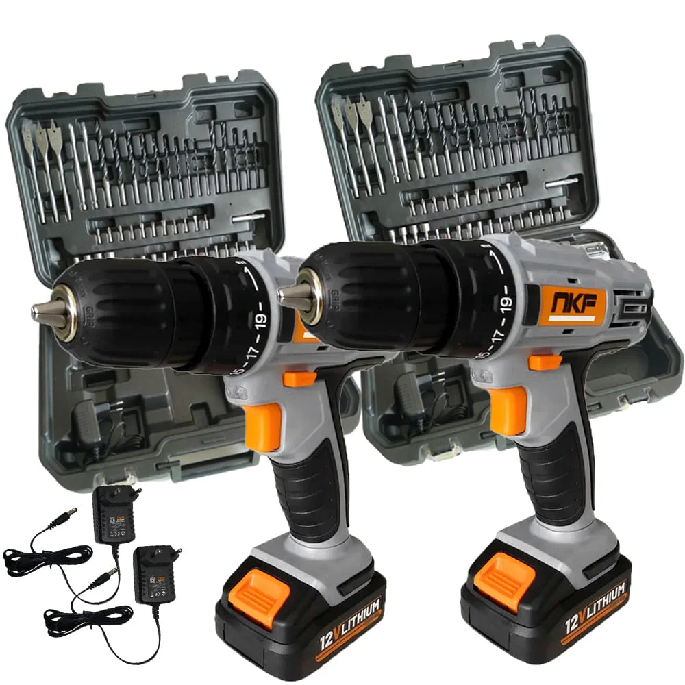 Kit 2 Furadeira Parafusadeira à Bateria 12V com Maletas e Acessórios FP12X50 NKF