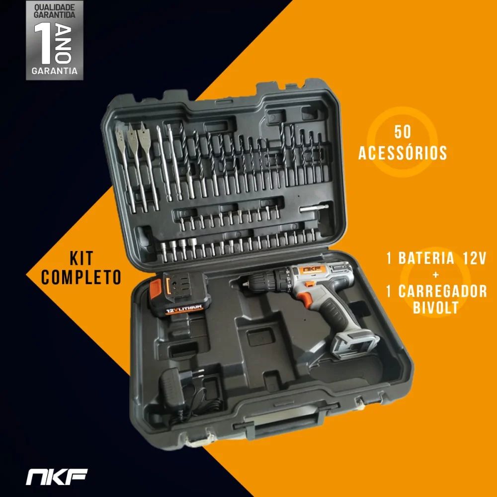 Kit 2 Furadeira Parafusadeira à Bateria 12V com Maletas e Acessórios FP12X50 NKF
